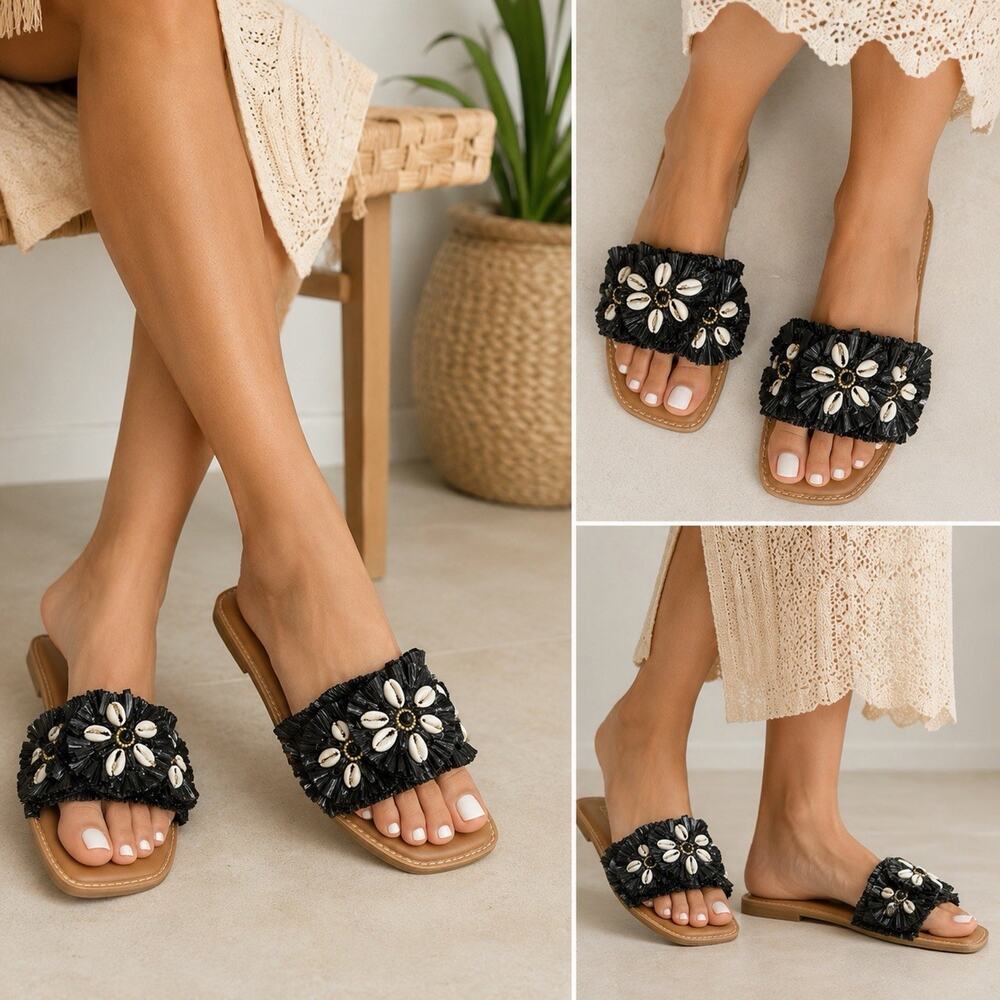 Chicos Sandals Womens Black Raffia Shell Embellished Slide Size 9M Boho Beach